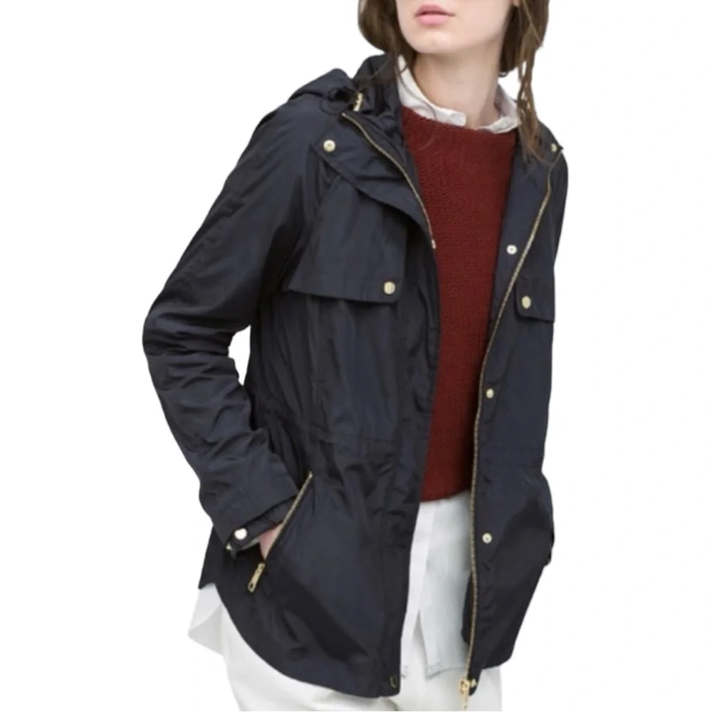 Zara Navy Blue Rain Jacket Hooded Full Zip Gold Tone Zippers & Snaps Size Medium - Picture 1 of 16
